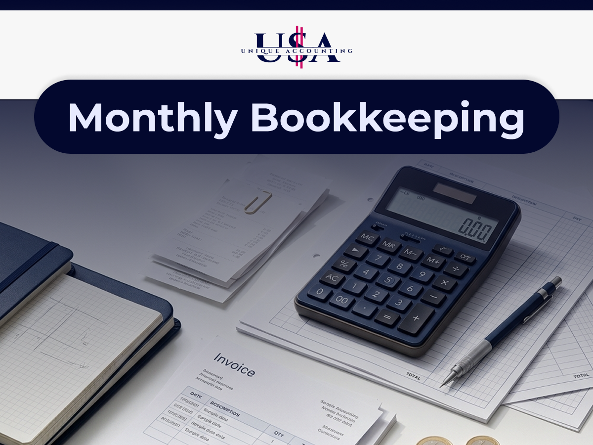 Calculator with receipts and financial records for monthly bookkeeping