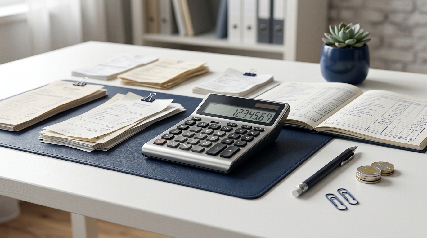 Professional accounting services desk with calculator, documents and financial reports
