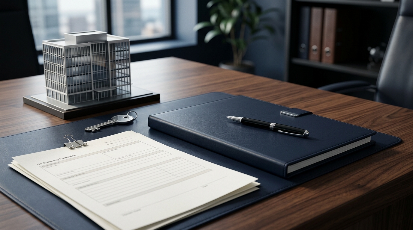 Business formation documents and model house representing corporate entity registration in the US
