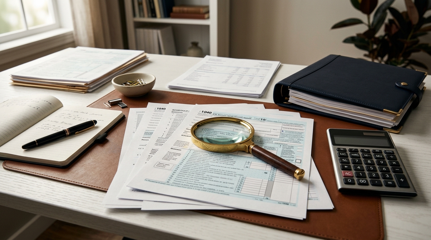 Tax documents, financial forms, and calculator on corporate desk for US tax return preparation